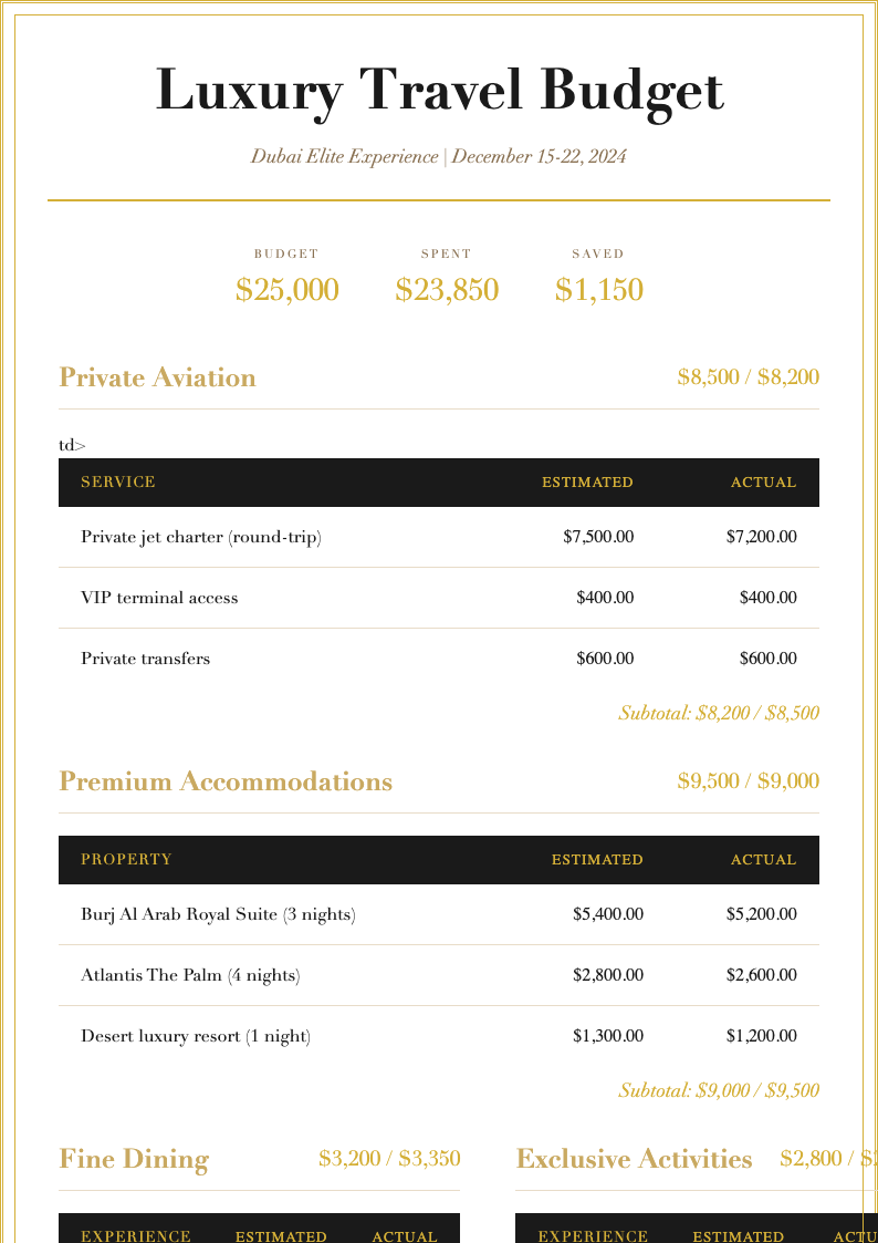 Luxury premium travel budget template