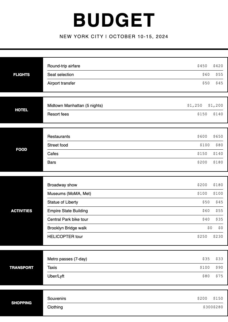 Monochrome stark travel budget template