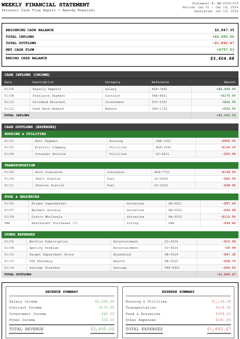 Financial statement weekly budget