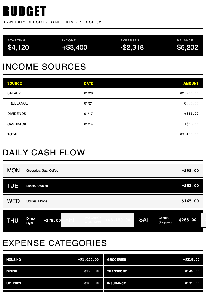 Monochrome stark weekly budget