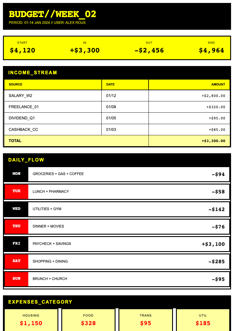 Neo brutalist weekly budget