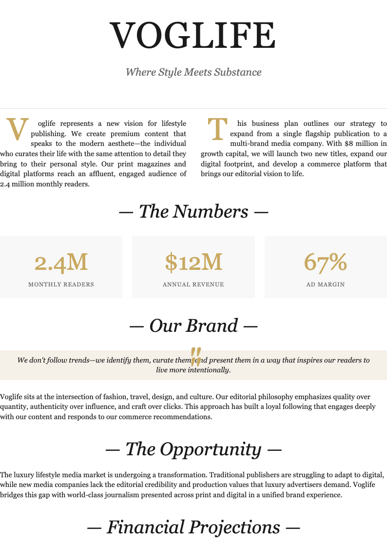 Editorial magazine business plan