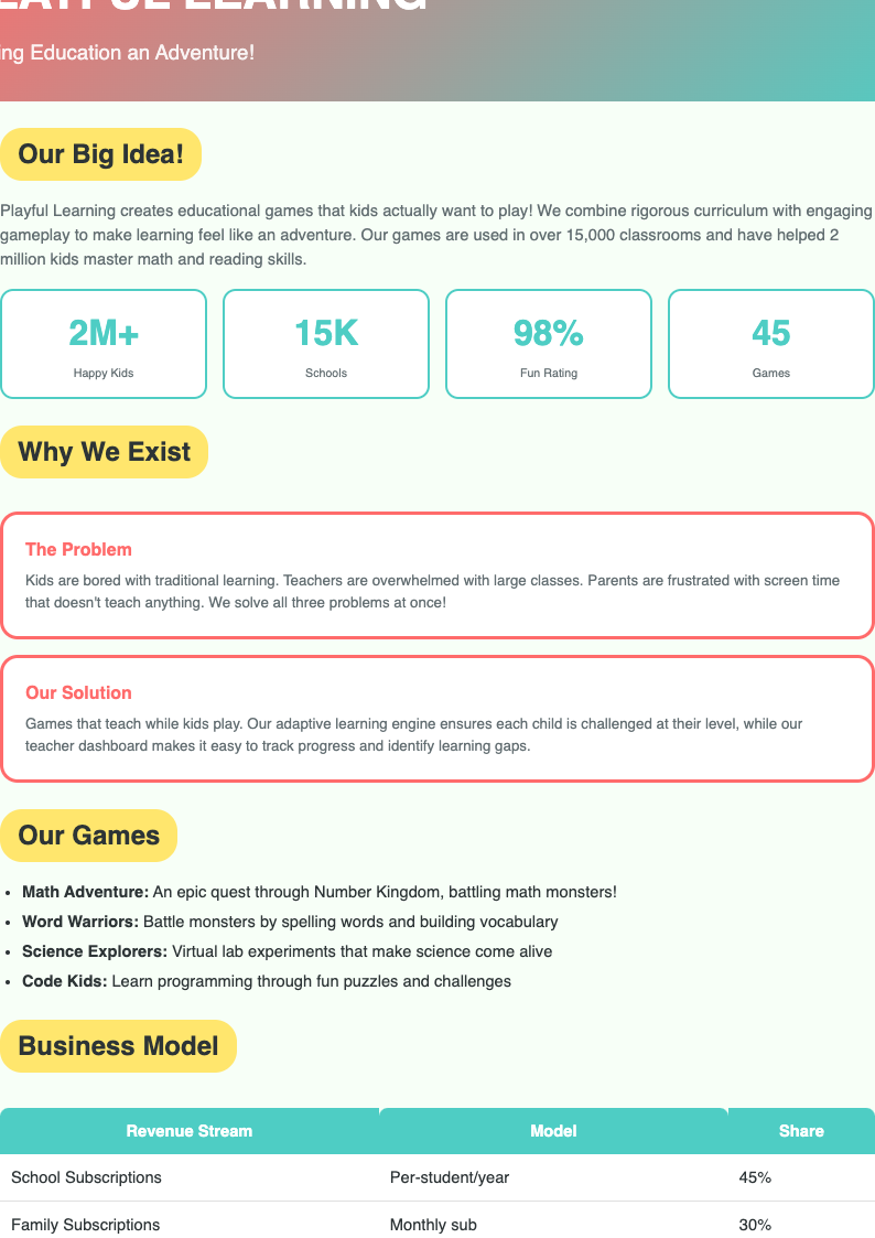 Playful colorful business plan