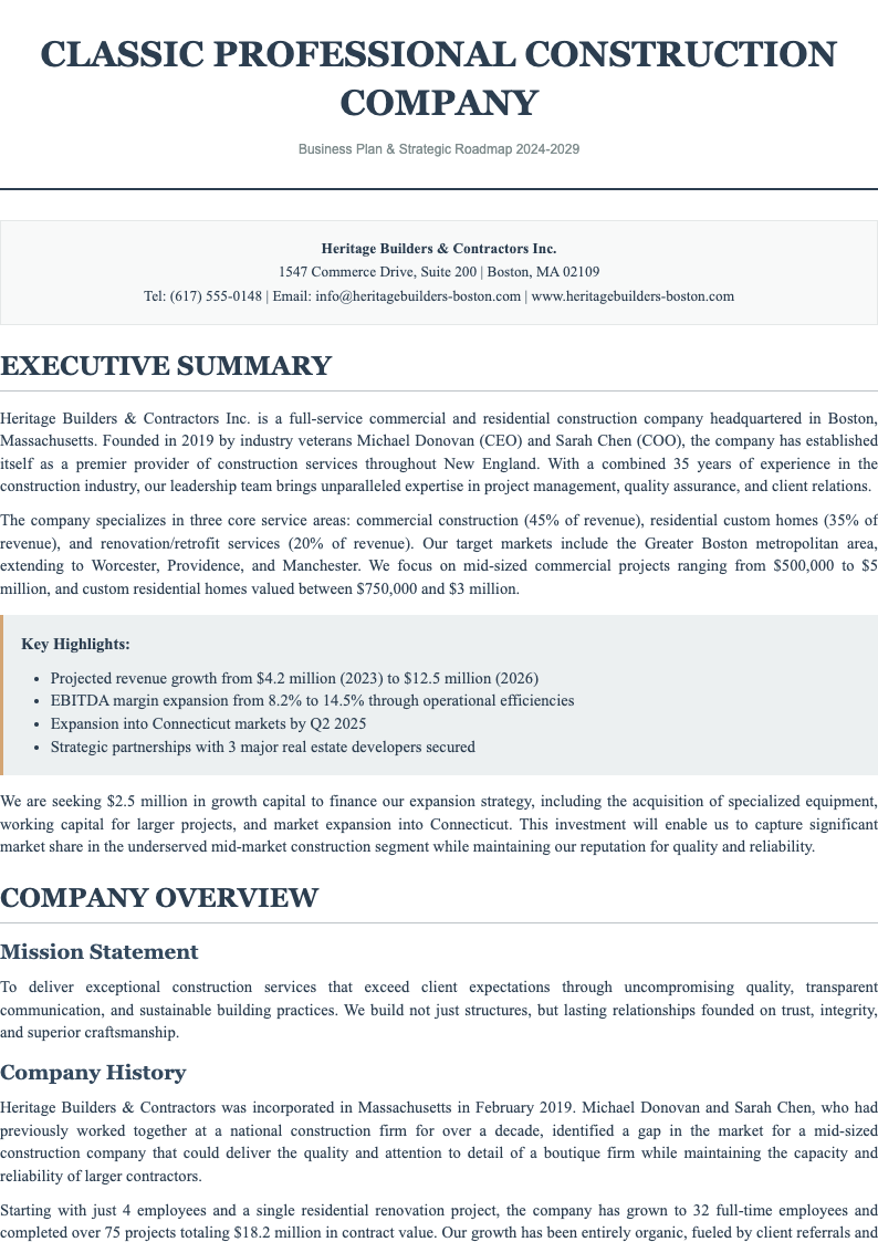 Classic professional construction business plan