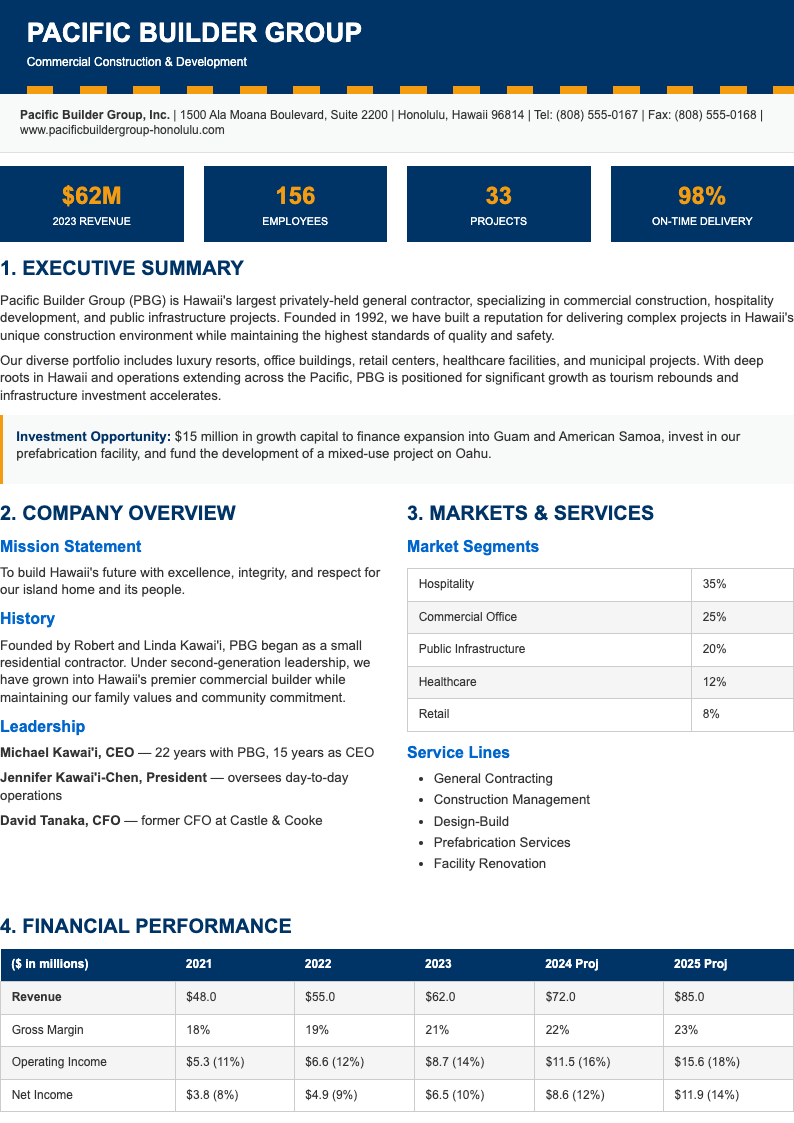 Clean corporate construction business plan