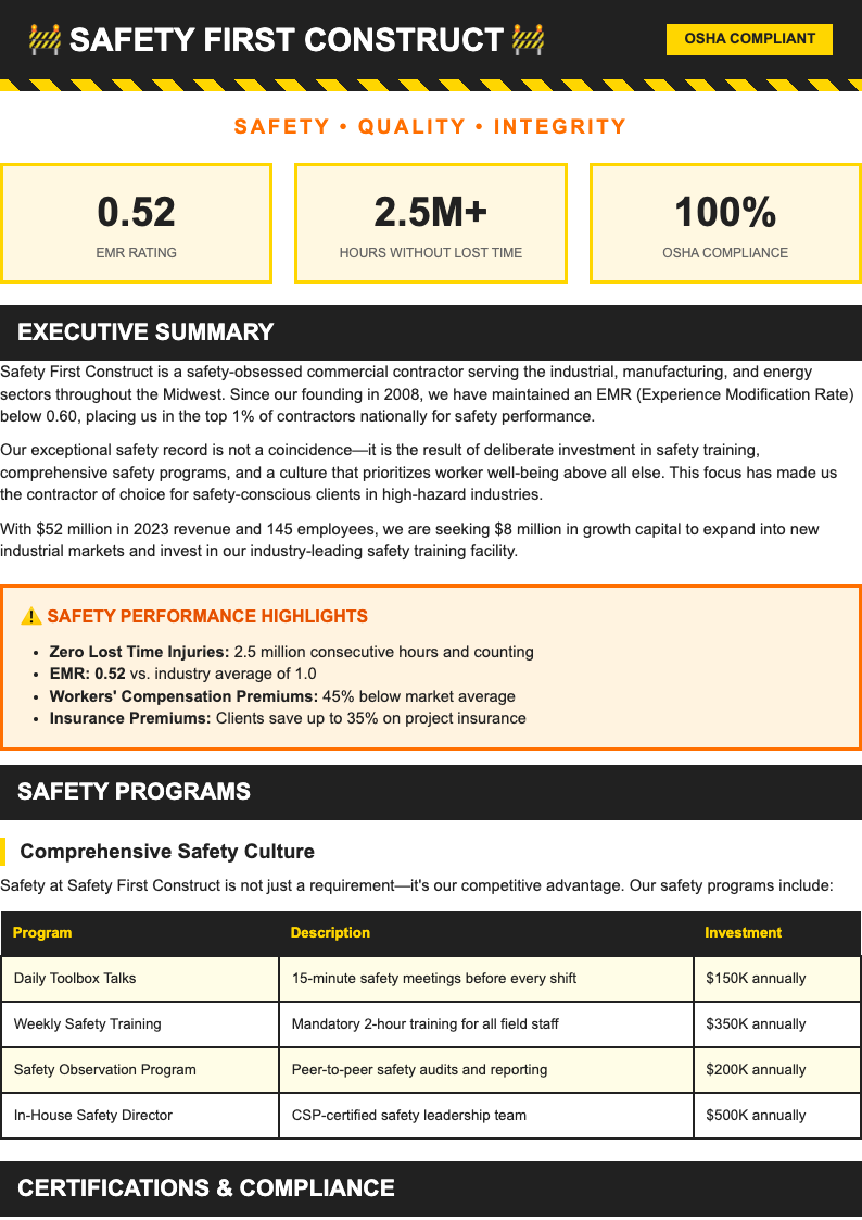 Safety first construction business plan