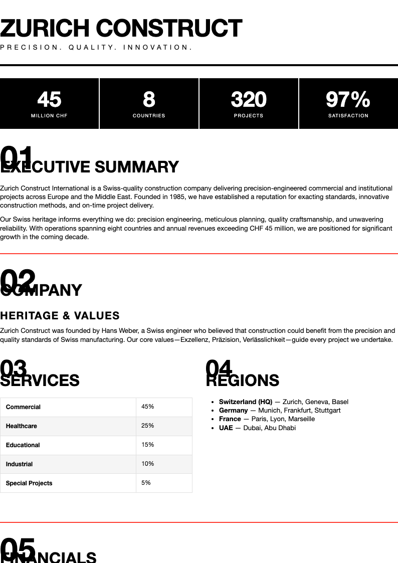 Swiss modern construction business plan