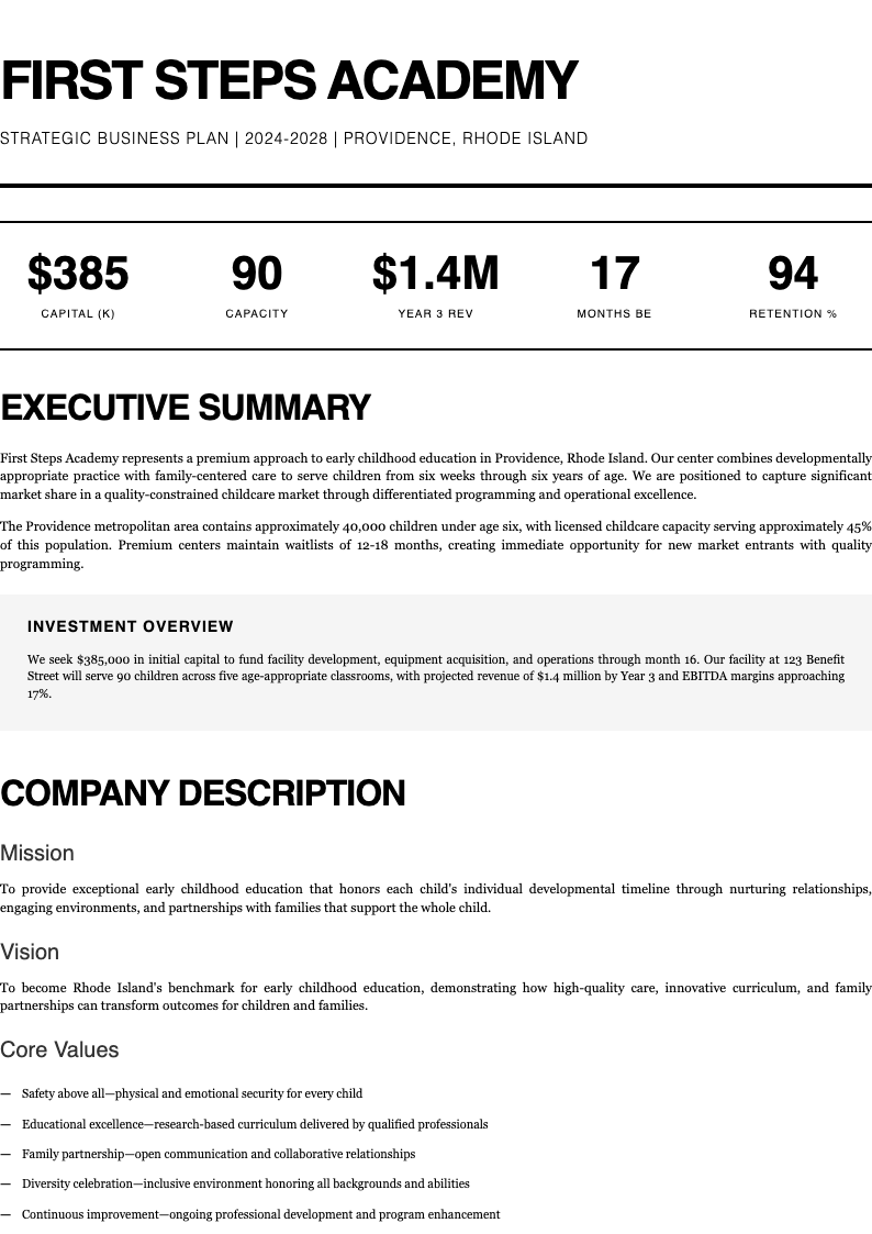 Clean typography day care business plan