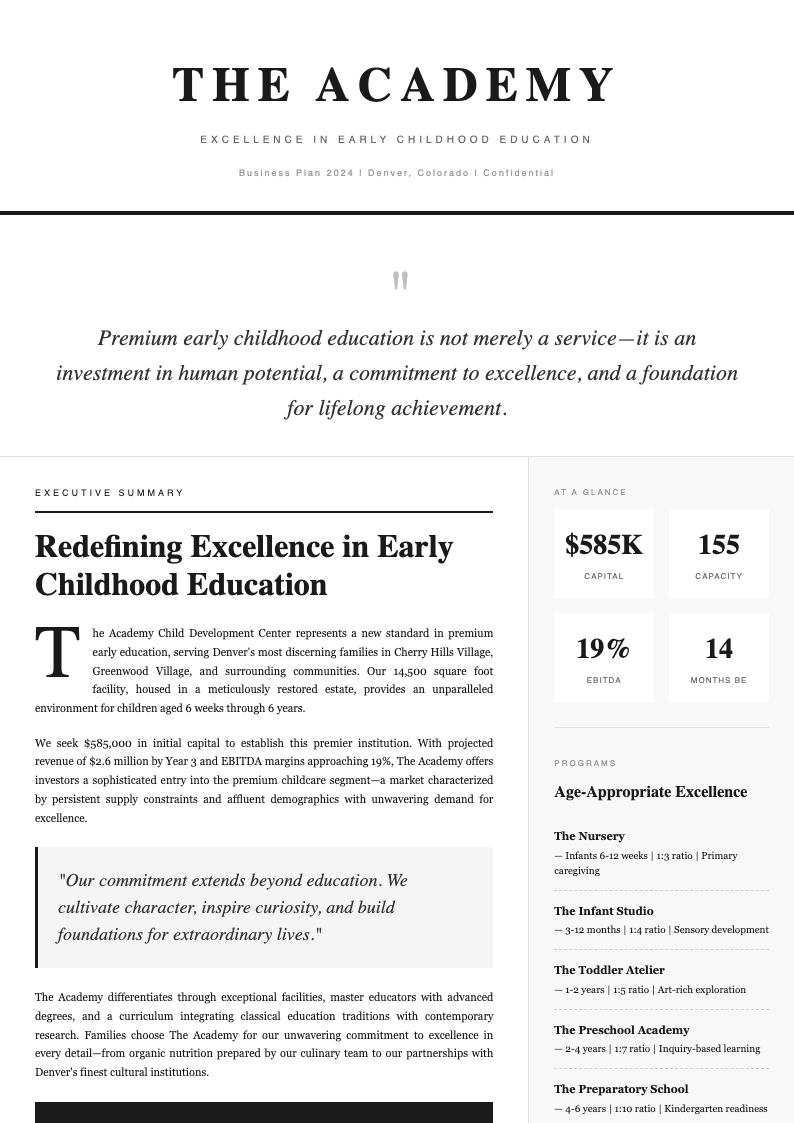 Editorial magazine day care business plan