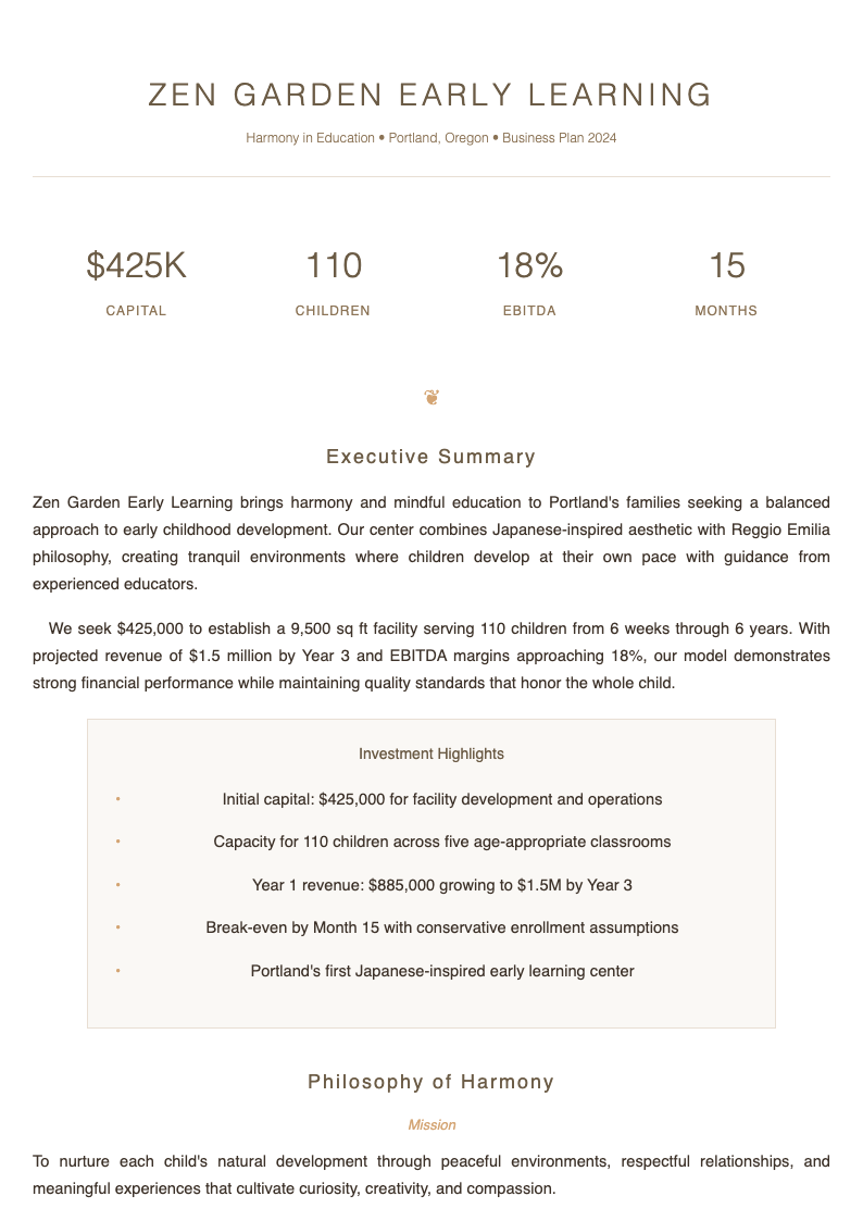 Japandi inspired day care business plan