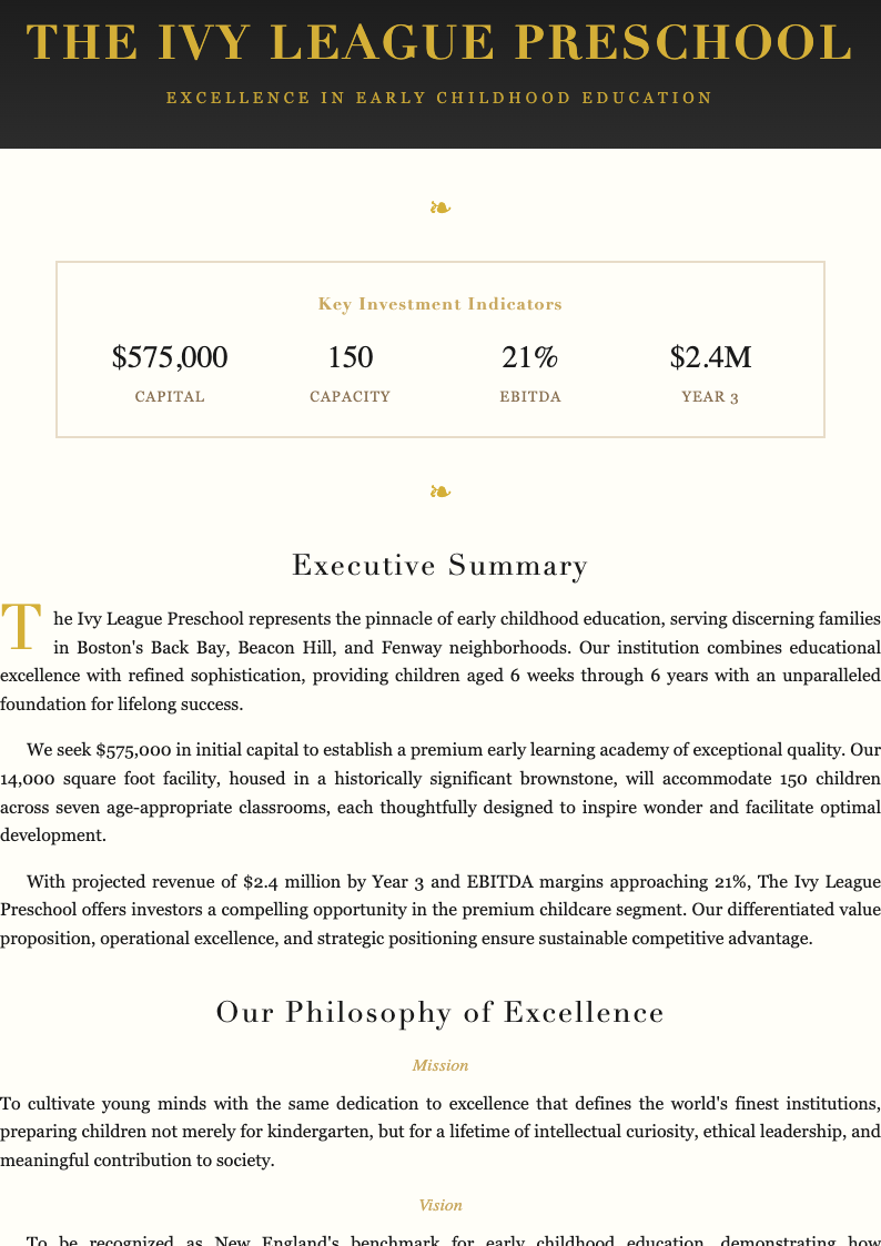 Luxury premium day care business plan