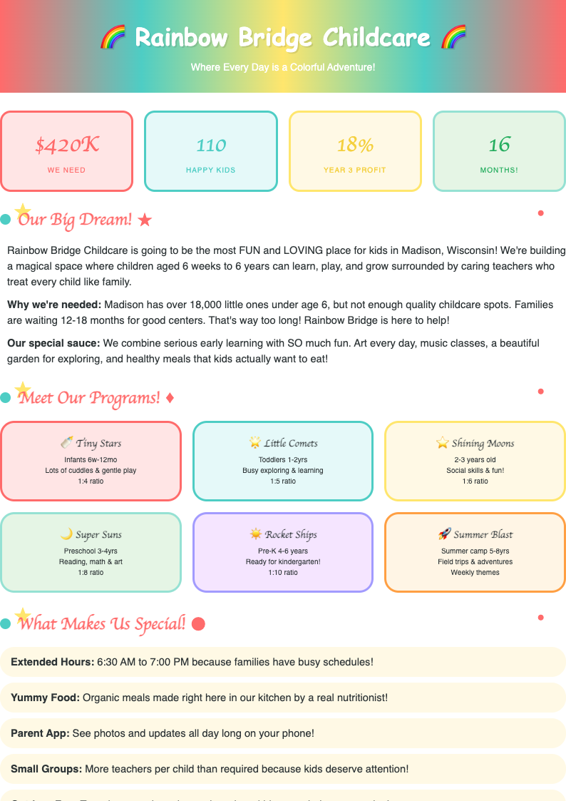 Playful colorful day care business plan