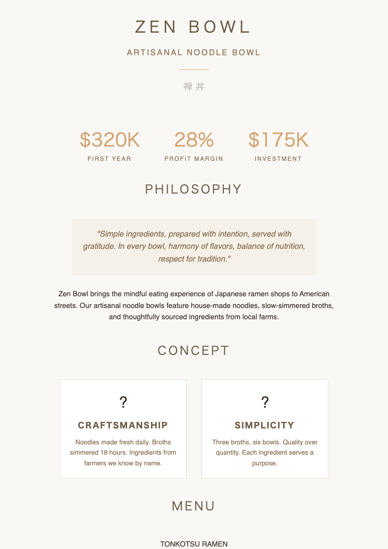 Japandi minimalist food truck business plan