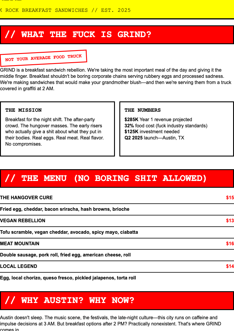 Neo brutalist food truck business plan