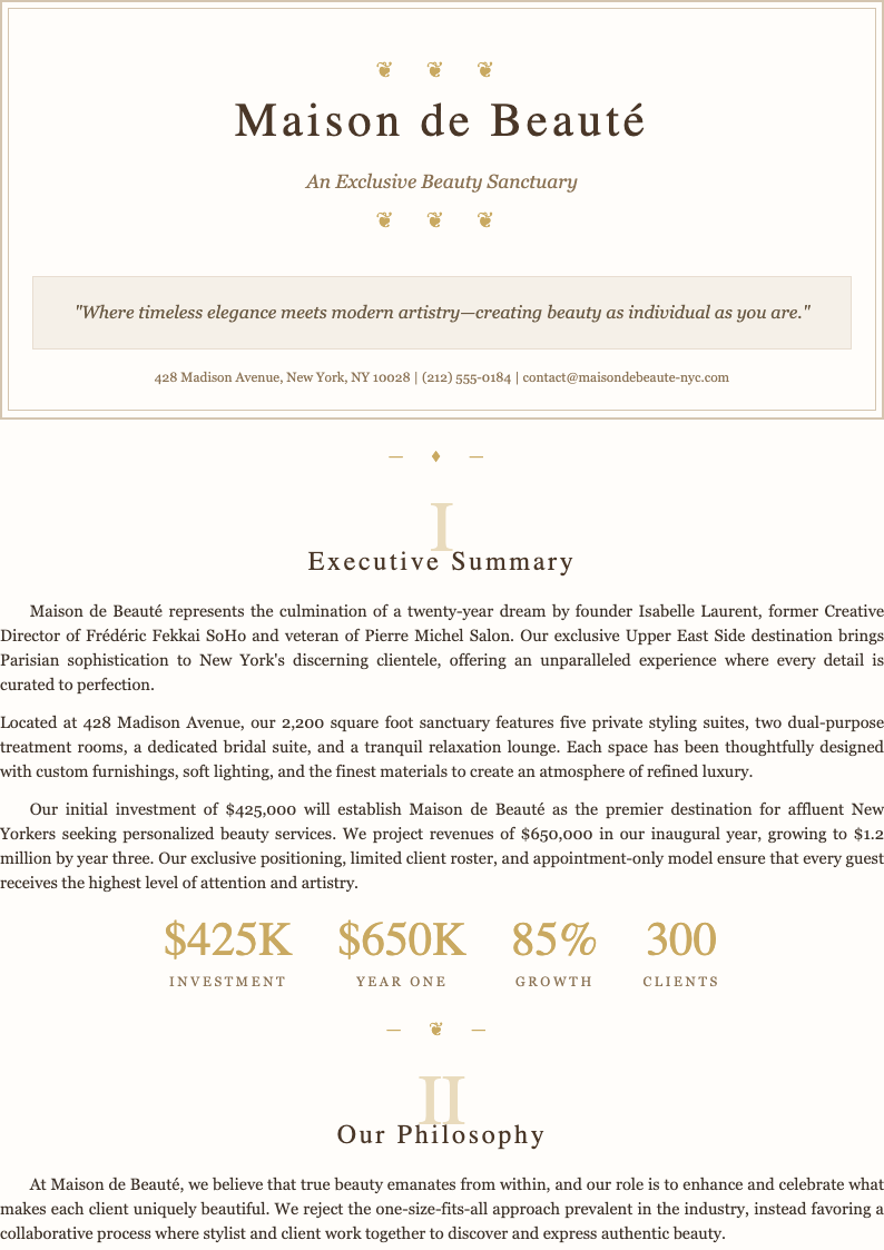 Elegant sophisticated salon business plan