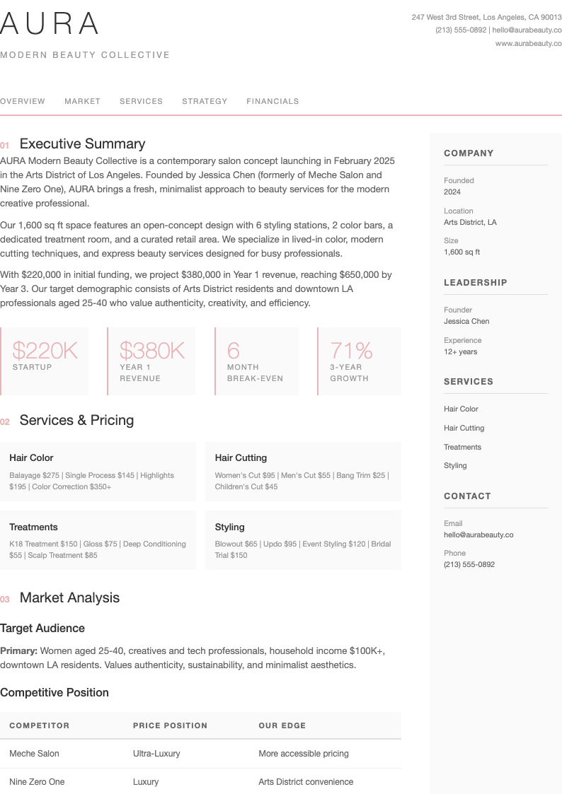 Modern minimalist salon business plan