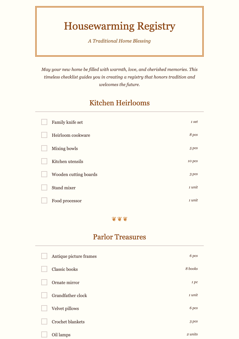 Cozy traditional housewarming registry checklist