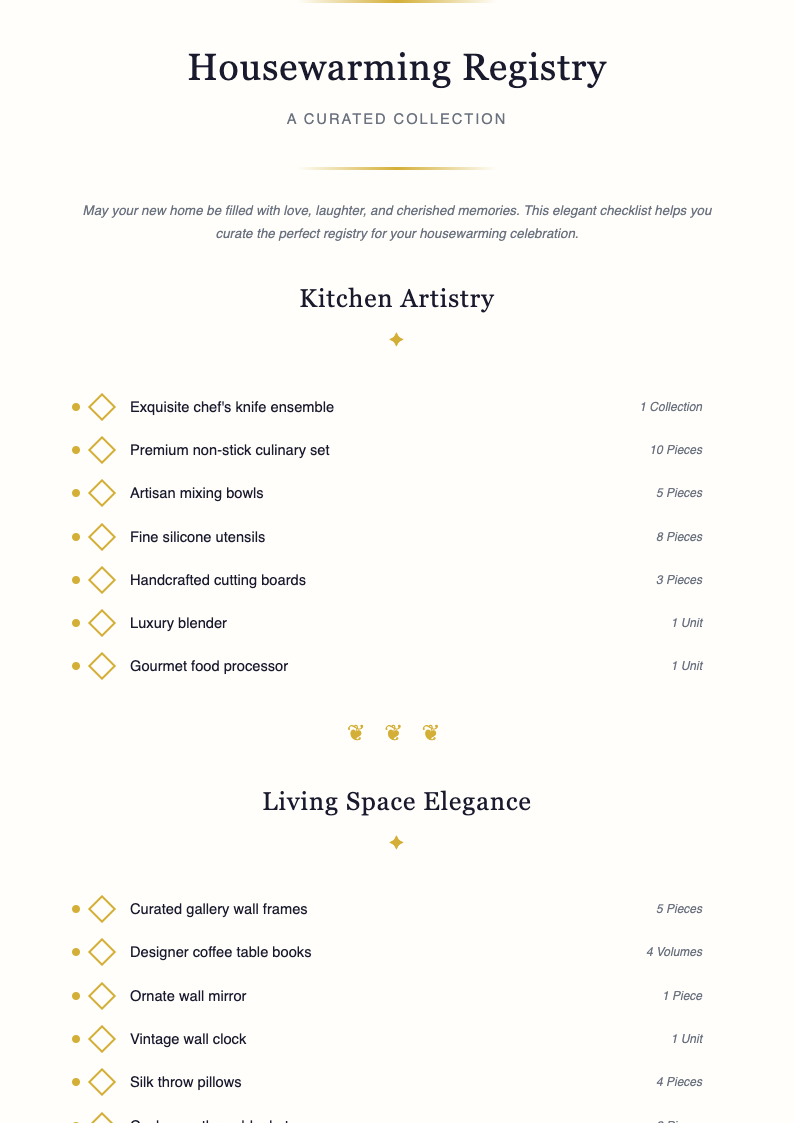 Elegant sophisticated housewarming registry checklist