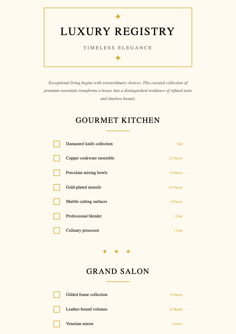 Luxe gold housewarming registry checklist