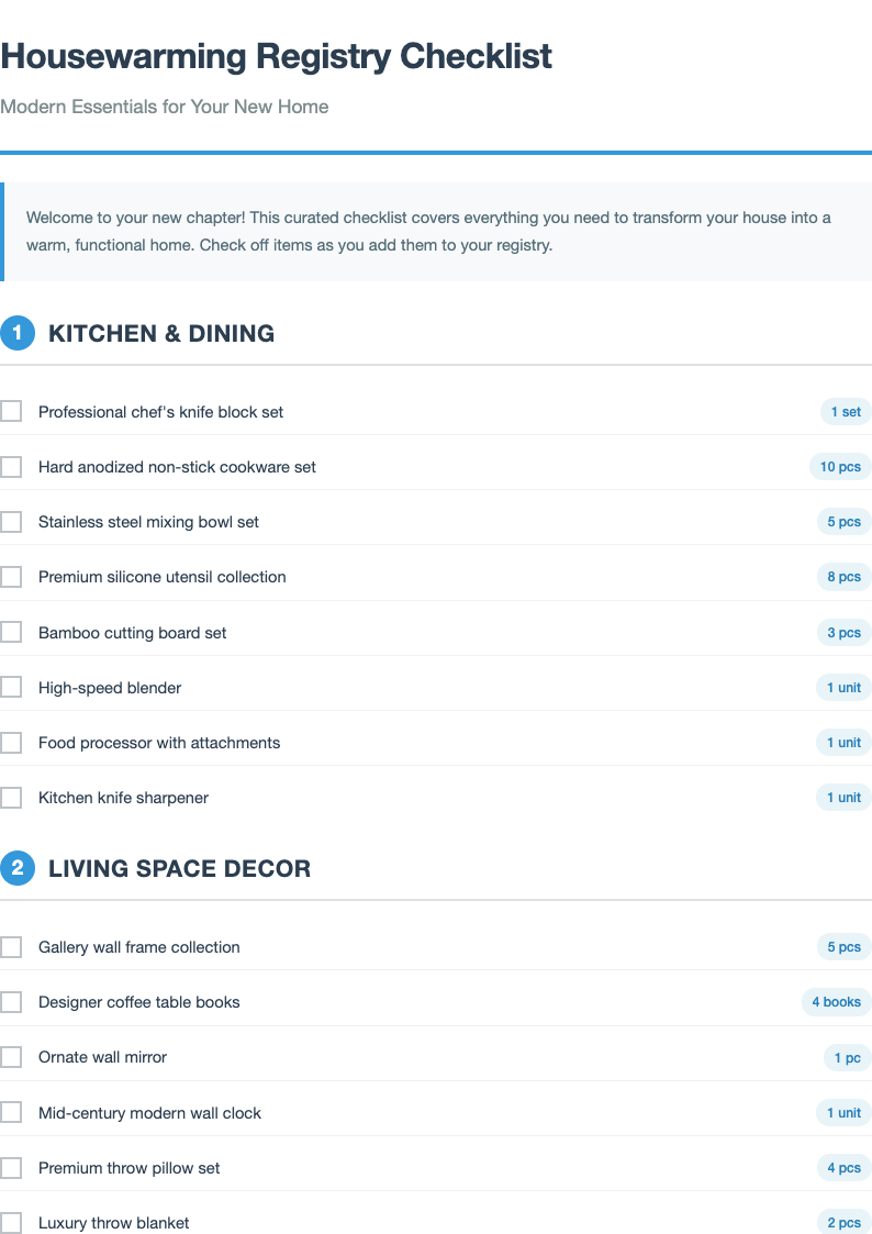 Modern minimalist housewarming registry checklist