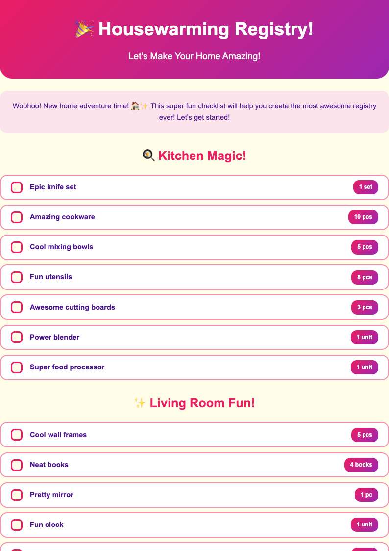 Playful vibrant housewarming registry checklist