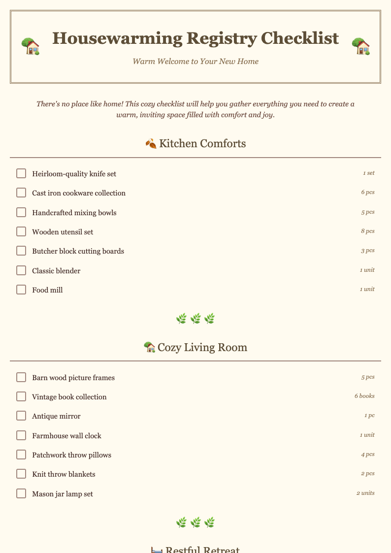 Rustic charming housewarming registry checklist