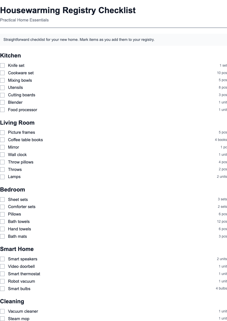 Simple practical housewarming registry checklist