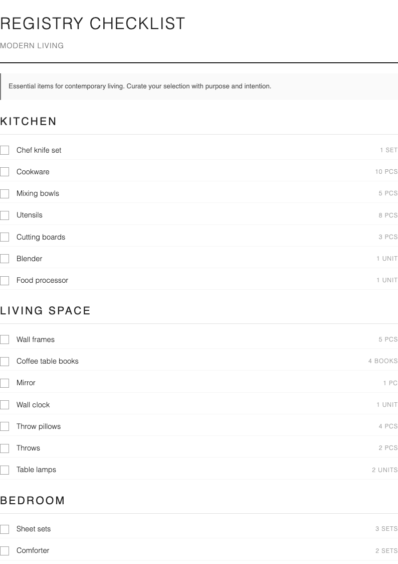 Sleek modern housewarming registry checklist