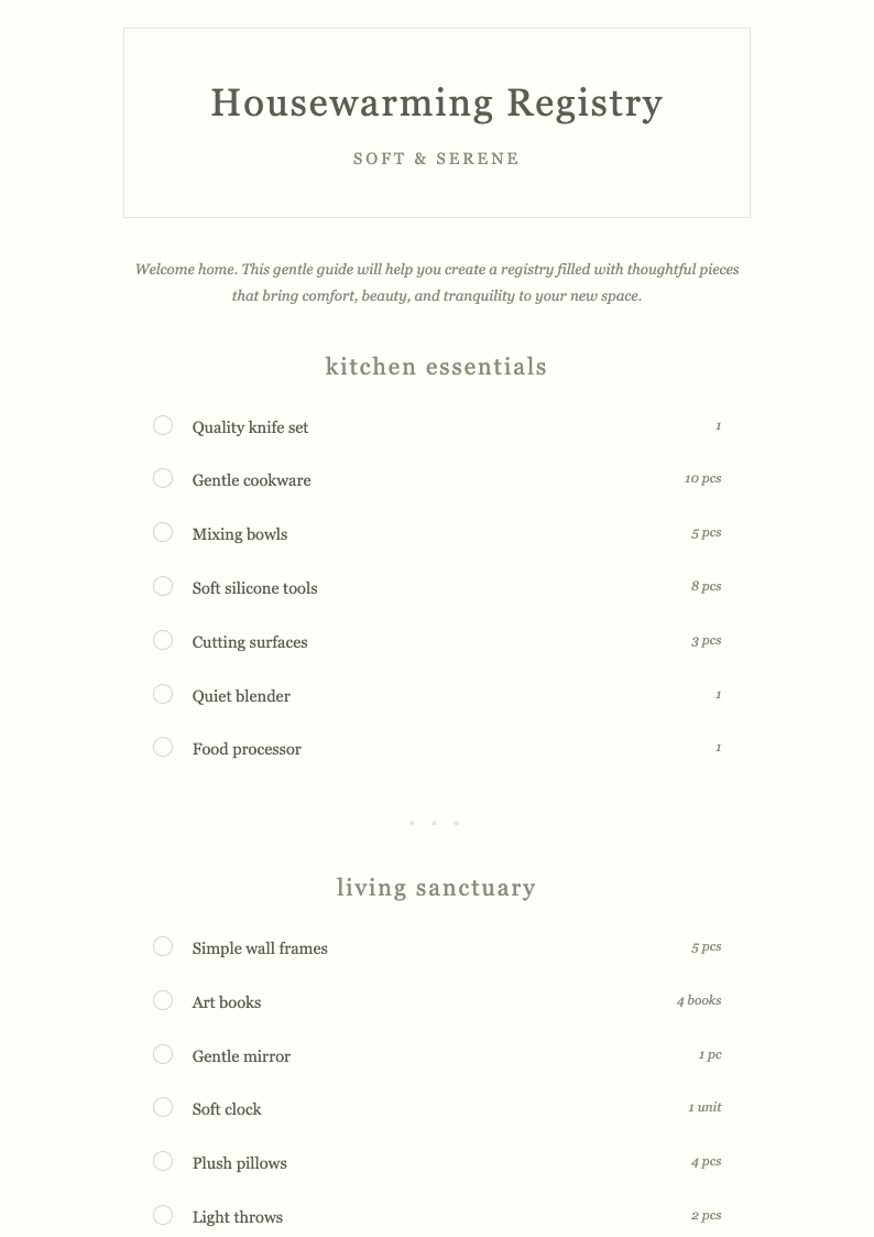 Soft pastel housewarming registry checklist