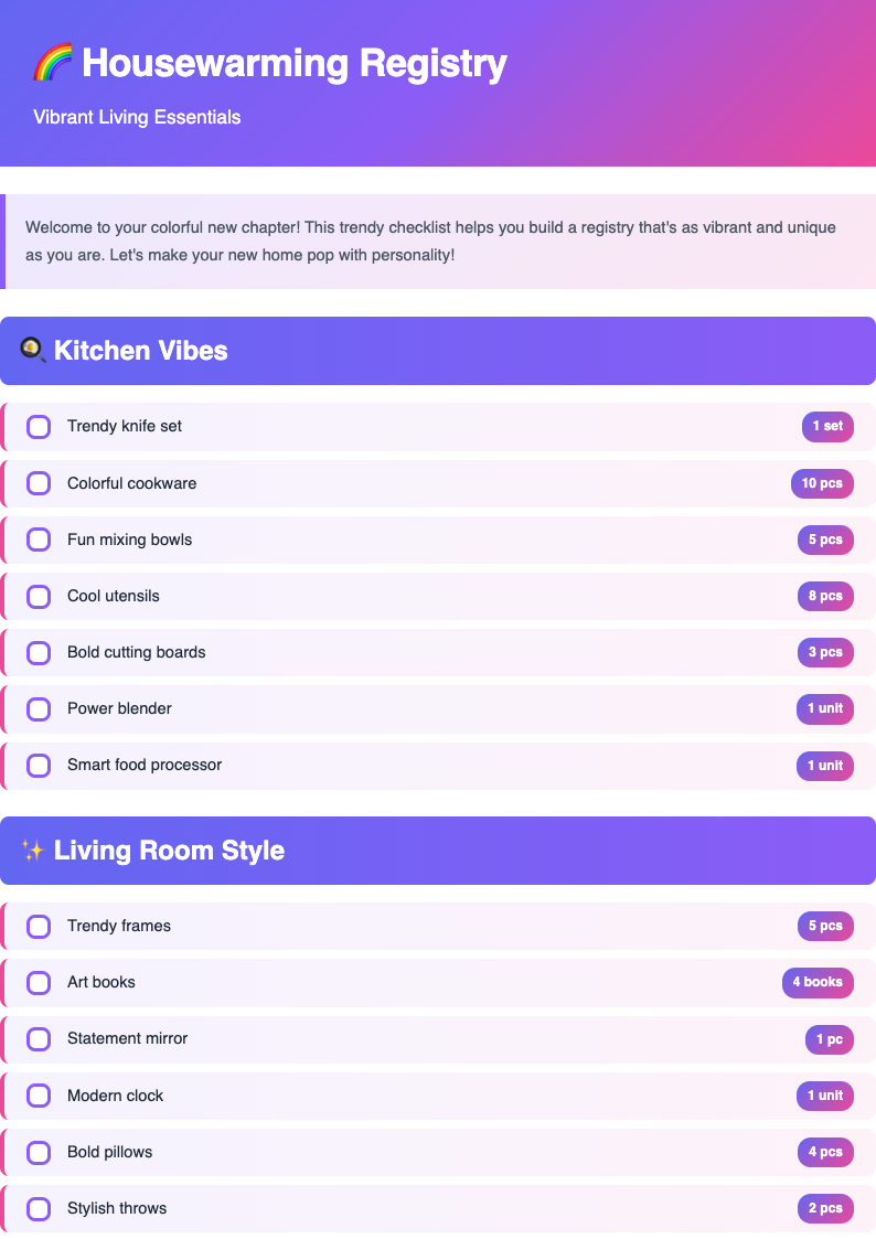 Trendy colorful housewarming registry checklist