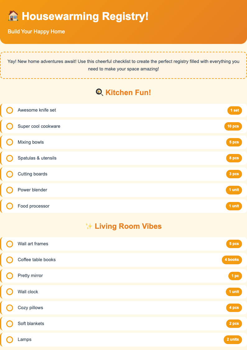 Warm cheerful housewarming registry checklist