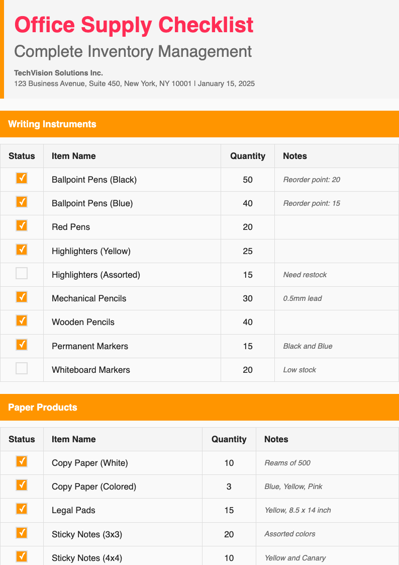 Bold contemporary office supply checklist