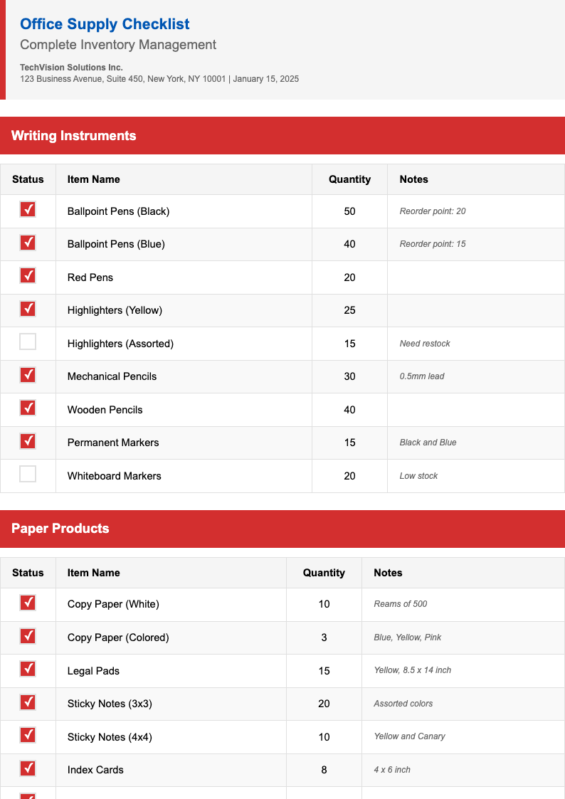 Contemporary sleek office supply checklist