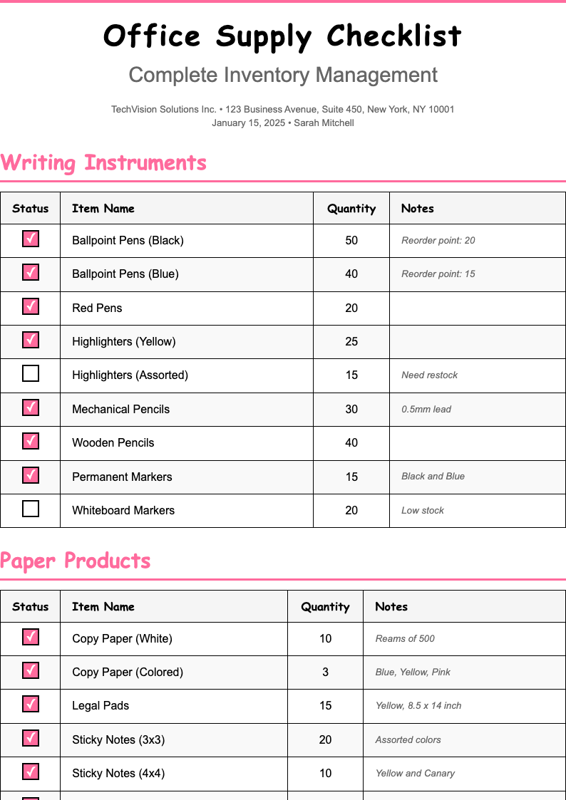 Elegant sophisticated office supply checklist