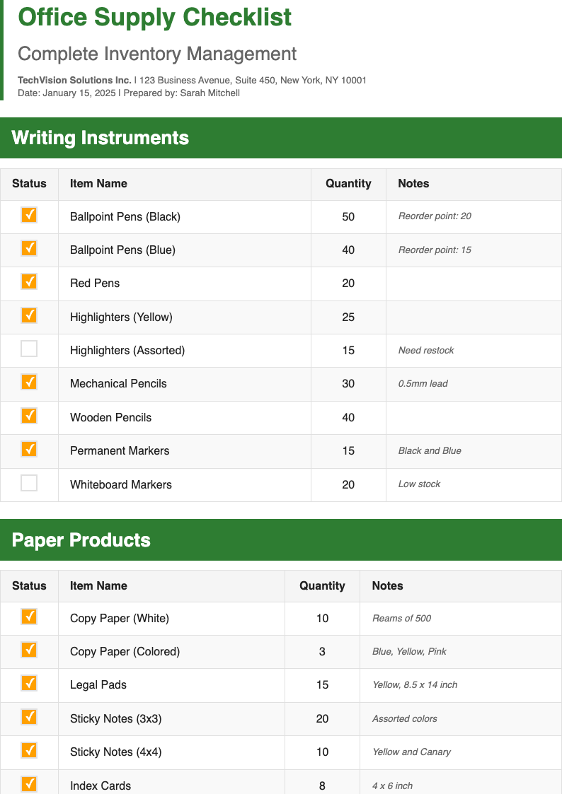 Minimalist clean office supply checklist