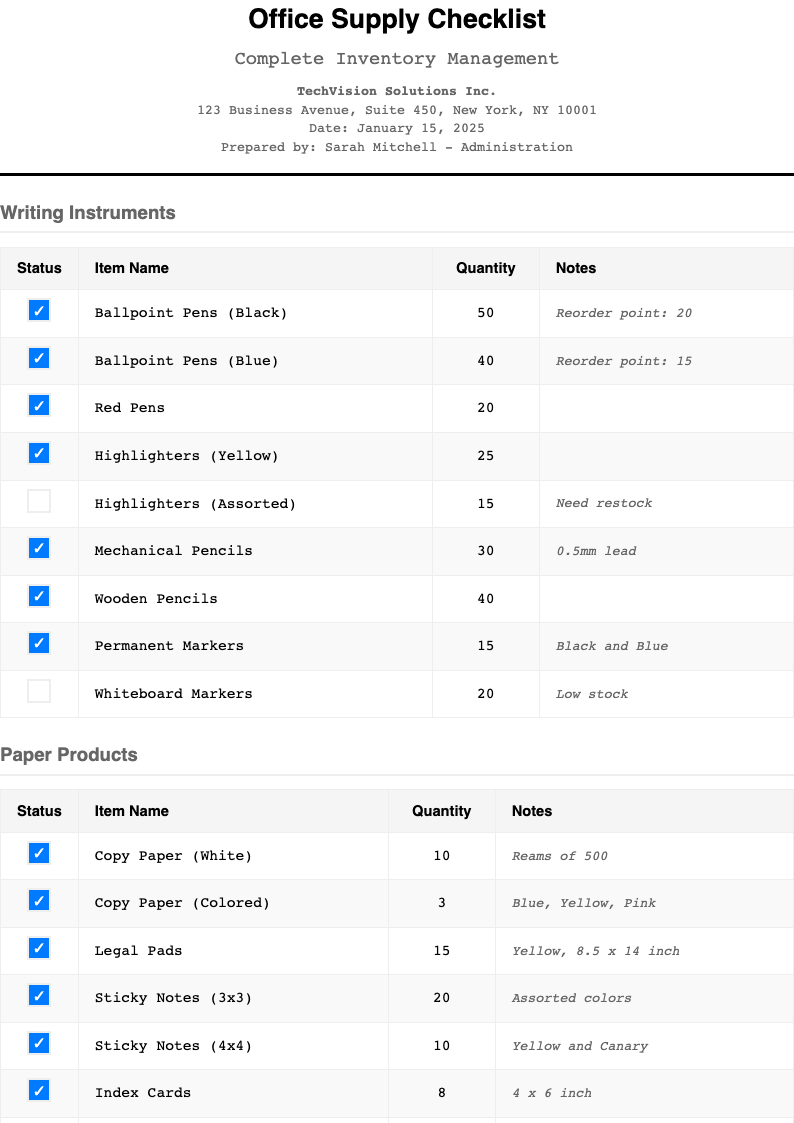 Organized practical office supply checklist
