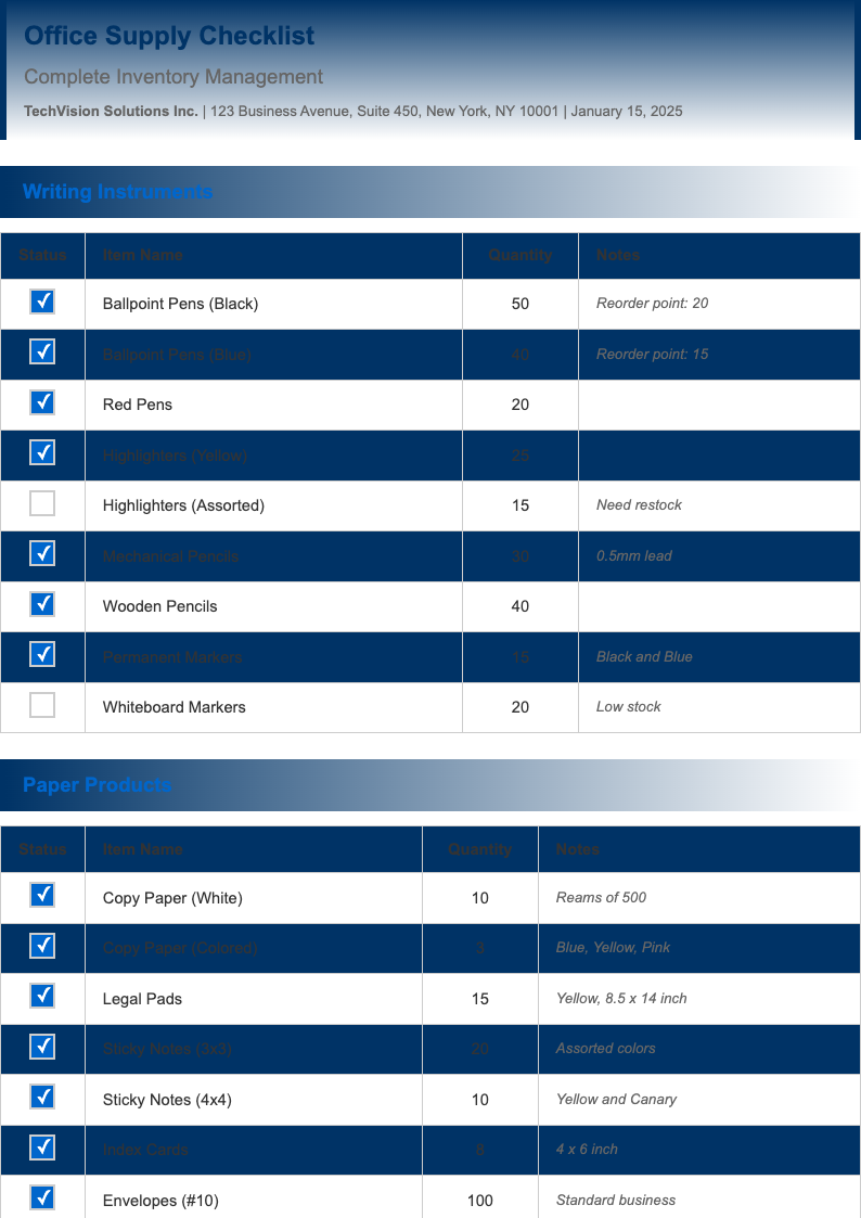 Professional business office supply checklist