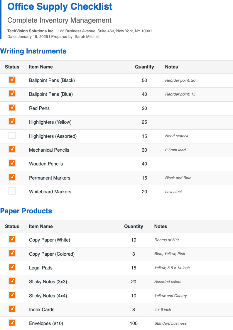 Simple functional office supply checklist