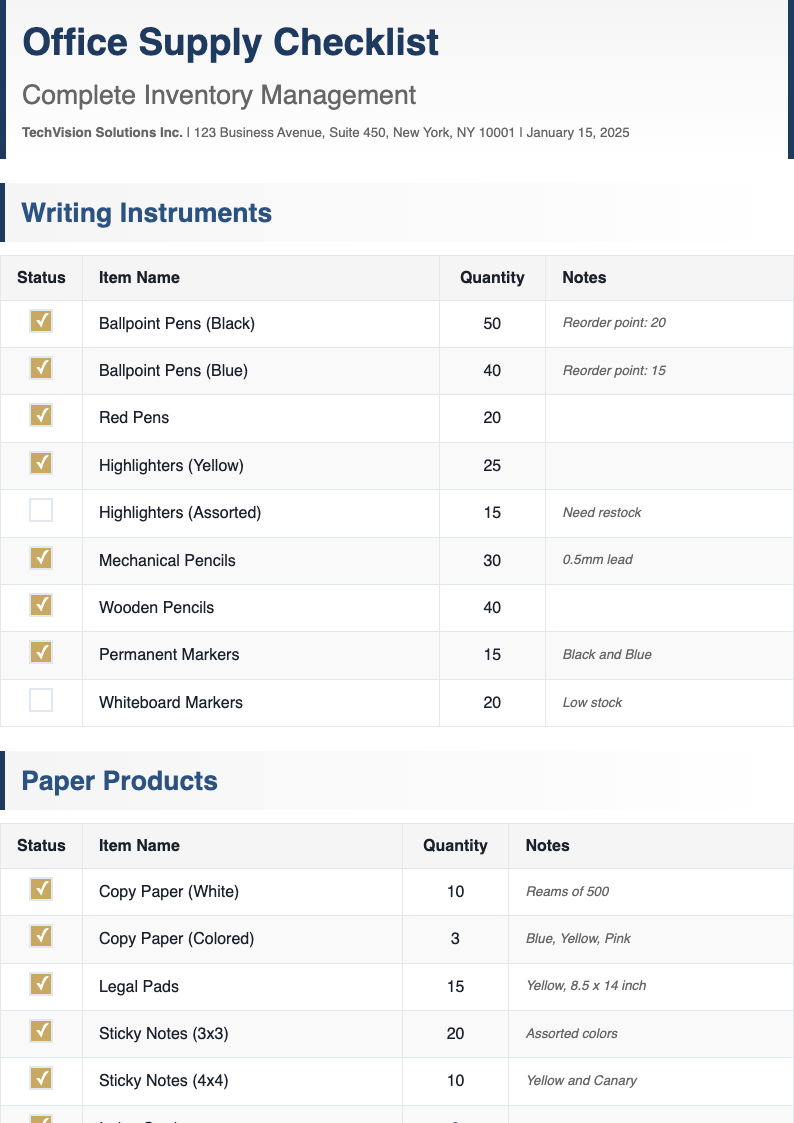 Standard corporate office supply checklist
