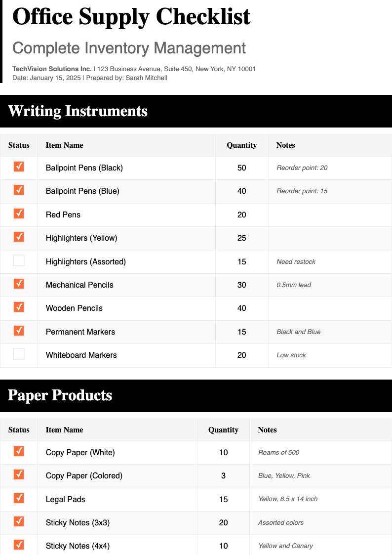 Streamlined modern office supply checklist