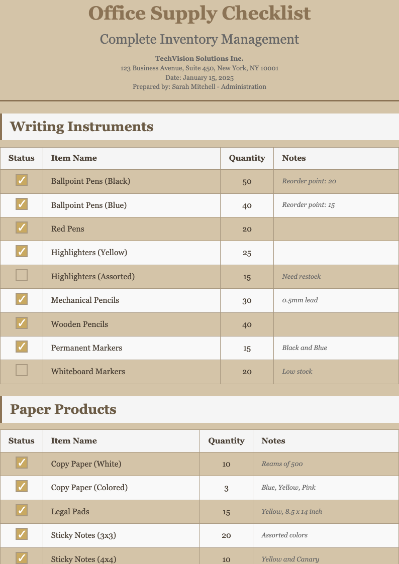 Traditional formal office supply checklist