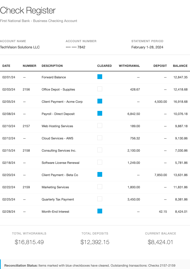 Modern minimalist Sample Check Register