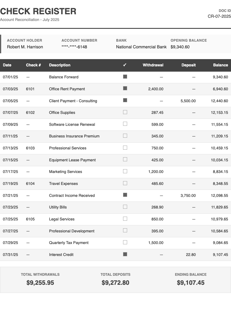 Professional gray Sample Check Register