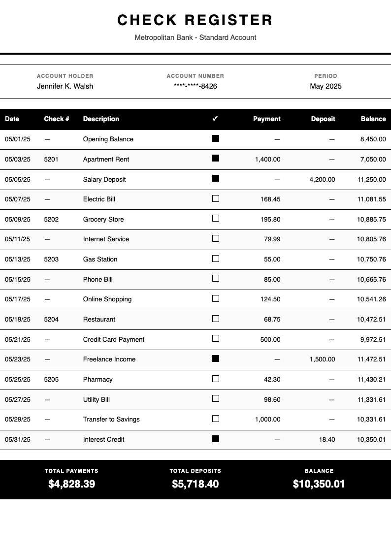 Sleek monochrome Sample Check Register