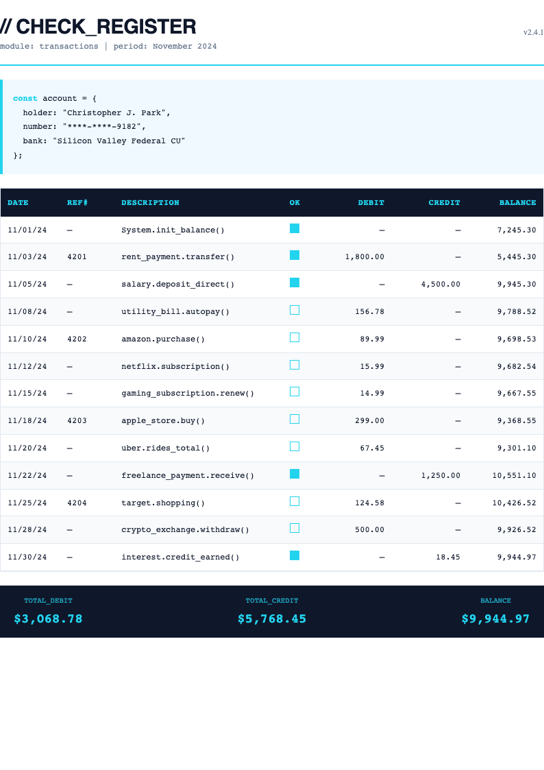 Tech modern Sample Check Register