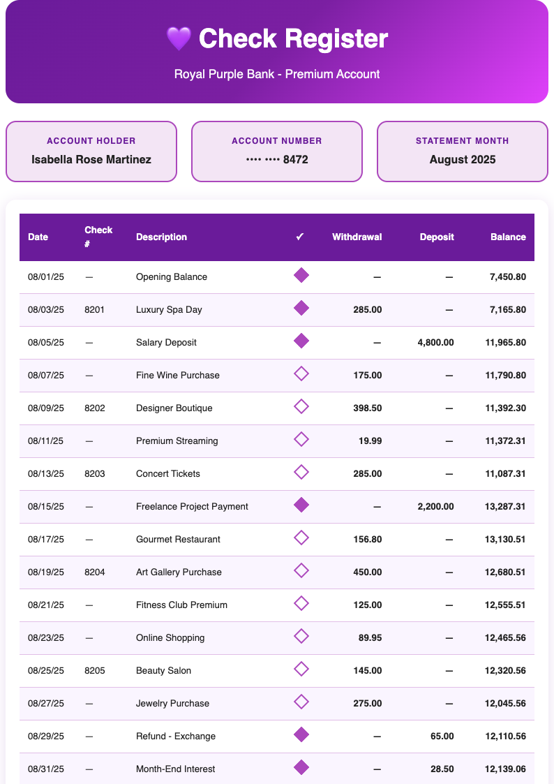Vibrant purple Sample Check Register
