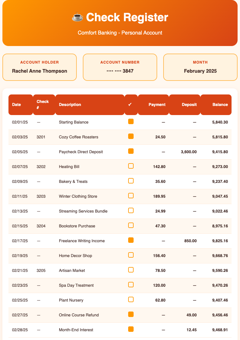 Warm cozy Sample Check Register