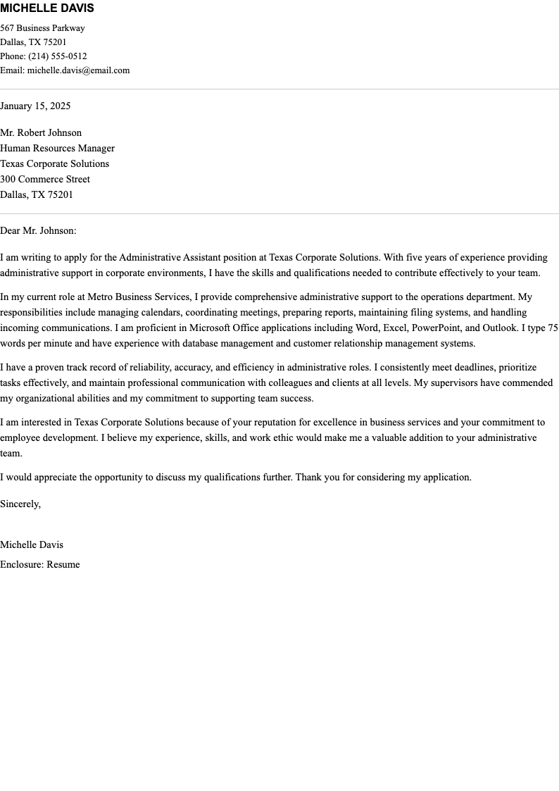 ATS friendly administrative assistant cover letter