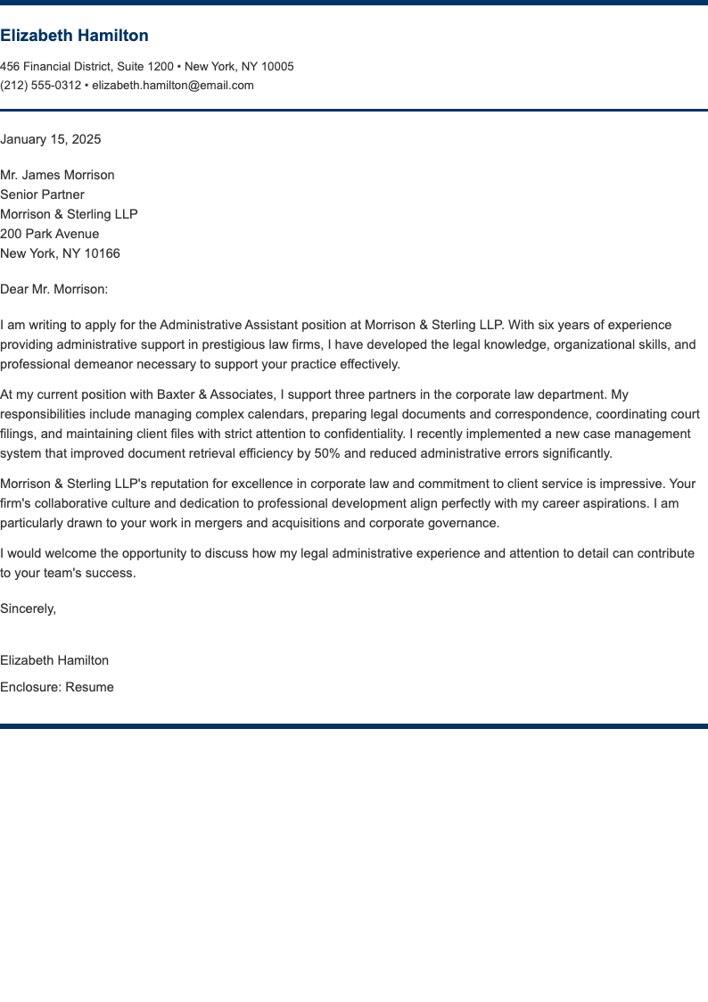 Corporate blue administrative assistant cover letter