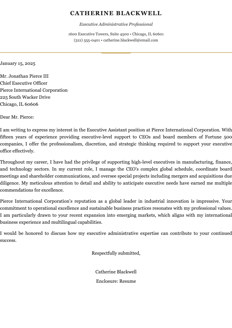 Executive level administrative assistant cover letter